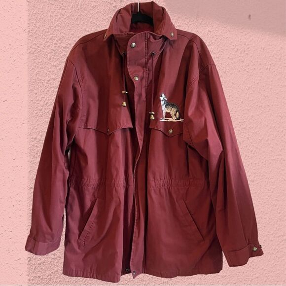 Vintage burgundy utility coat anorak embroidered wolves - Picture 1 of 14